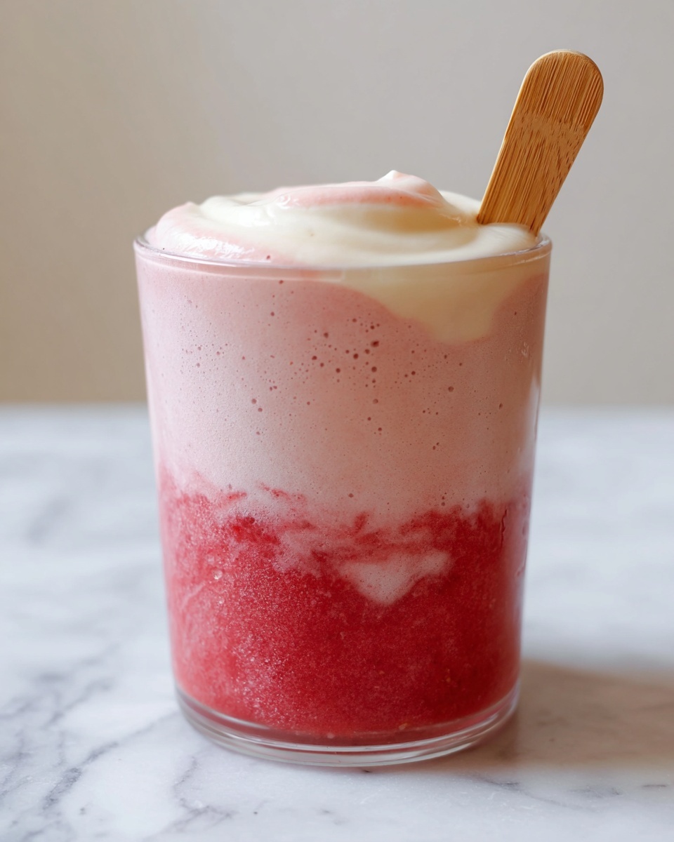 The image shows a clear glass cup filled with a layered smoothie on a white marbled surface. At the bottom, there is a bright red layer of thick strawberry or berry puree, topped by a thick swirl of creamy white yogurt or cream that reaches mid-height in the cup. The top half of the glass is filled with a smooth pink smoothie blending softly into the white layer below. The smoothie fills the cup to the brim with some small visible bubbles on the surface. A small wooden spoon with a clear ring holder is attached to the side of the glass. Photo taken with an iphone --ar 4:5 --v 7