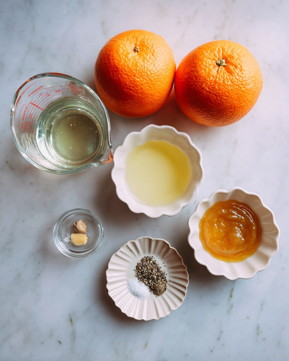 Two bright orange oranges sit side by side on a white marbled surface, surrounded by small containers with different ingredients. To the left of the oranges is a clear glass measuring cup with a transparent liquid inside. Below the oranges, there is a white scalloped bowl filled with a light yellow liquid. To the right of the oranges, another white scalloped bowl holds a brownish sauce with a small dollop of mustard on top. Below this bowl is a small white plate with ridged edges holding a small pile of coarse salt, black pepper, and a small piece of ginger. The scene is lit softly from above. Photo taken with an iphone --ar 4:5 --v 7