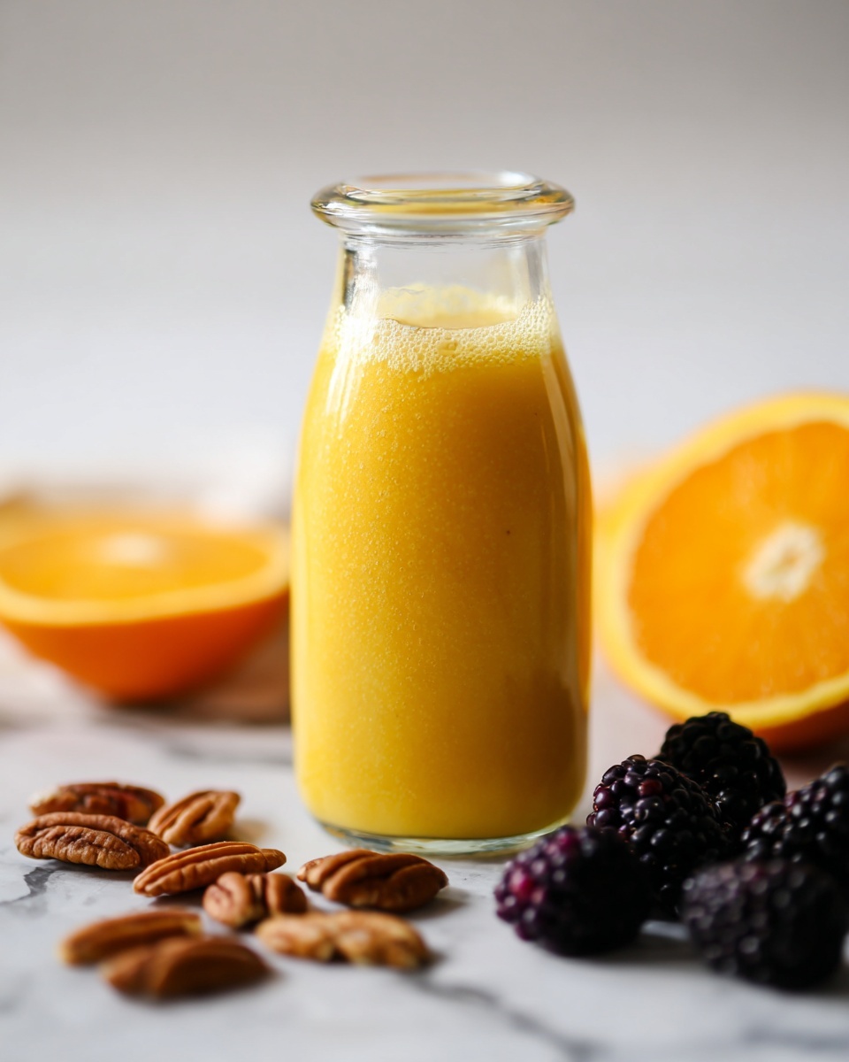 A small clear glass bottle filled with bright yellow-orange juice with a light foam layer on top stands centered on a white marbled surface. Around the base of the bottle, there are dark purple-black blackberries, a small pile of brown pecans, two orange wedges showing their juicy inner texture, and one half of an orange placed slightly behind the bottle. The background is softly blurred with clean white tones. The image has soft natural lighting highlighting the fresh and colorful look of the ingredients photo taken with an iphone --ar 4:5 --v 7