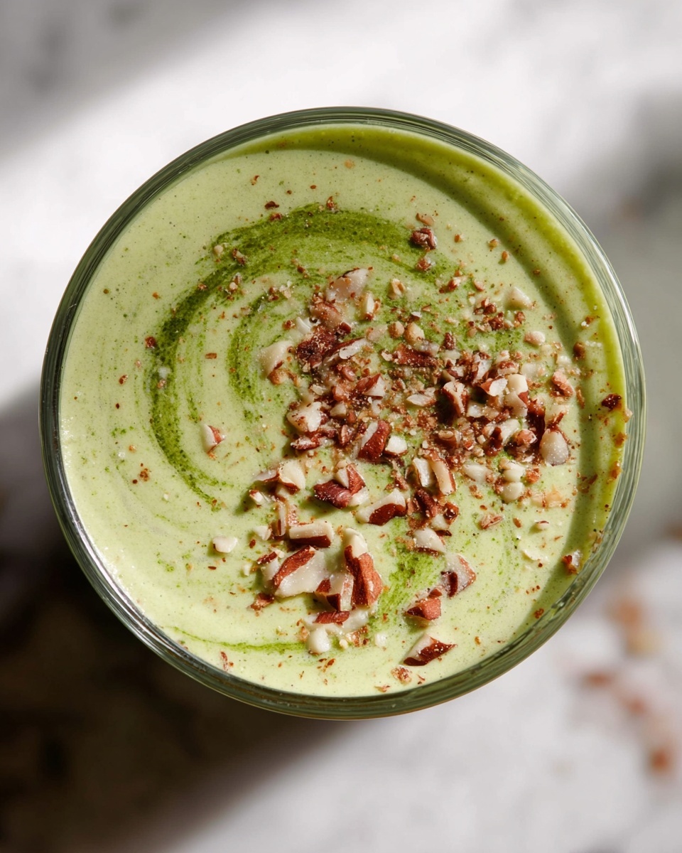 A close-up top view of a glass filled with a creamy, light green smoothie with a swirl of darker green liquid creating a marbled effect near the edges. The surface is sprinkled with small pieces of chopped nuts that are brown and off-white in color, adding texture and visual interest. The glass is placed on a white marbled surface that softly reflects light, creating a clean and fresh look. The photo has a soft natural light and slight shadowing around the glass, emphasizing the smooth texture of the drink and the crunchy nut pieces on top. photo taken with an iphone --ar 4:5 --v 7
