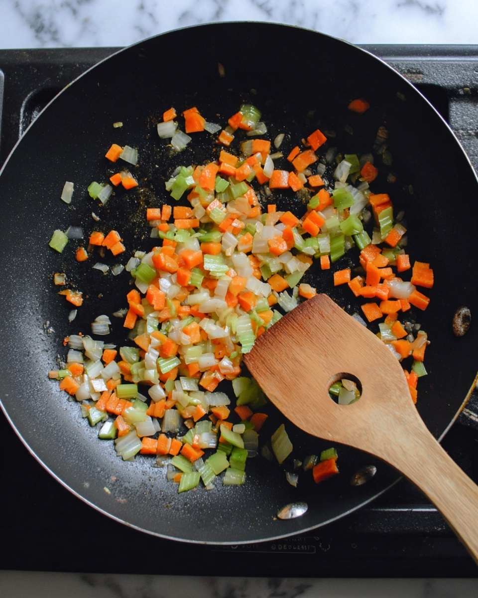 A black frying pan placed on a black stove holds small, diced pieces of cooked vegetables spread unevenly inside. The vegetables include bright orange carrots, pale green celery, and translucent white onions, all mixed together. A light brown wooden spatula rests on the right side of the pan, touching some of the vegetables, with its hole visible. The background surface surrounding the stove is a white marbled texture. Photo taken with an iphone --ar 4:5 --v 7