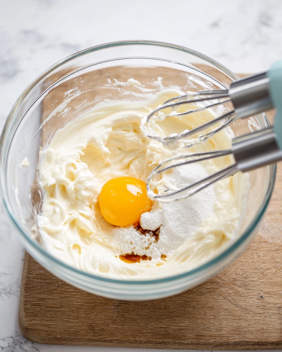 A clear glass bowl on a wooden board holds a creamy white mixture with a smooth, thick texture filling most of the bowl. On top, there is a single bright yellow egg yolk sitting in the center. Around the yolk are small splashes of dark brown vanilla extract and a pile of white sugar. Two silver metal beaters from a mixer are partly inserted into the mixture, ready to blend the ingredients together. The background is a white marbled surface. photo taken with an iphone --ar 4:5 --v 7