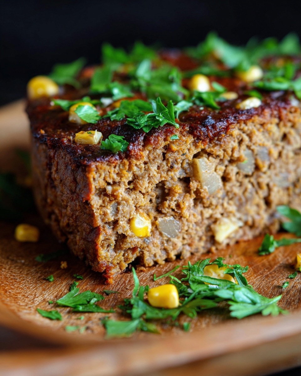 A thick slice of a meatloaf-like dish with a dark brown, slightly crispy top layer lies on a wooden plate, showing a dense middle layer filled with visible grains, bits of corn, and small pieces of what appears to be onion. Fresh green parsley leaves are scattered on top and around the slice, adding contrast to the warm brown tones of the dish. The background is dark, creating focus on the food, with crumbs and bits of corn delicately placed around the slice. Photo taken with an iphone --ar 4:5 --v 7