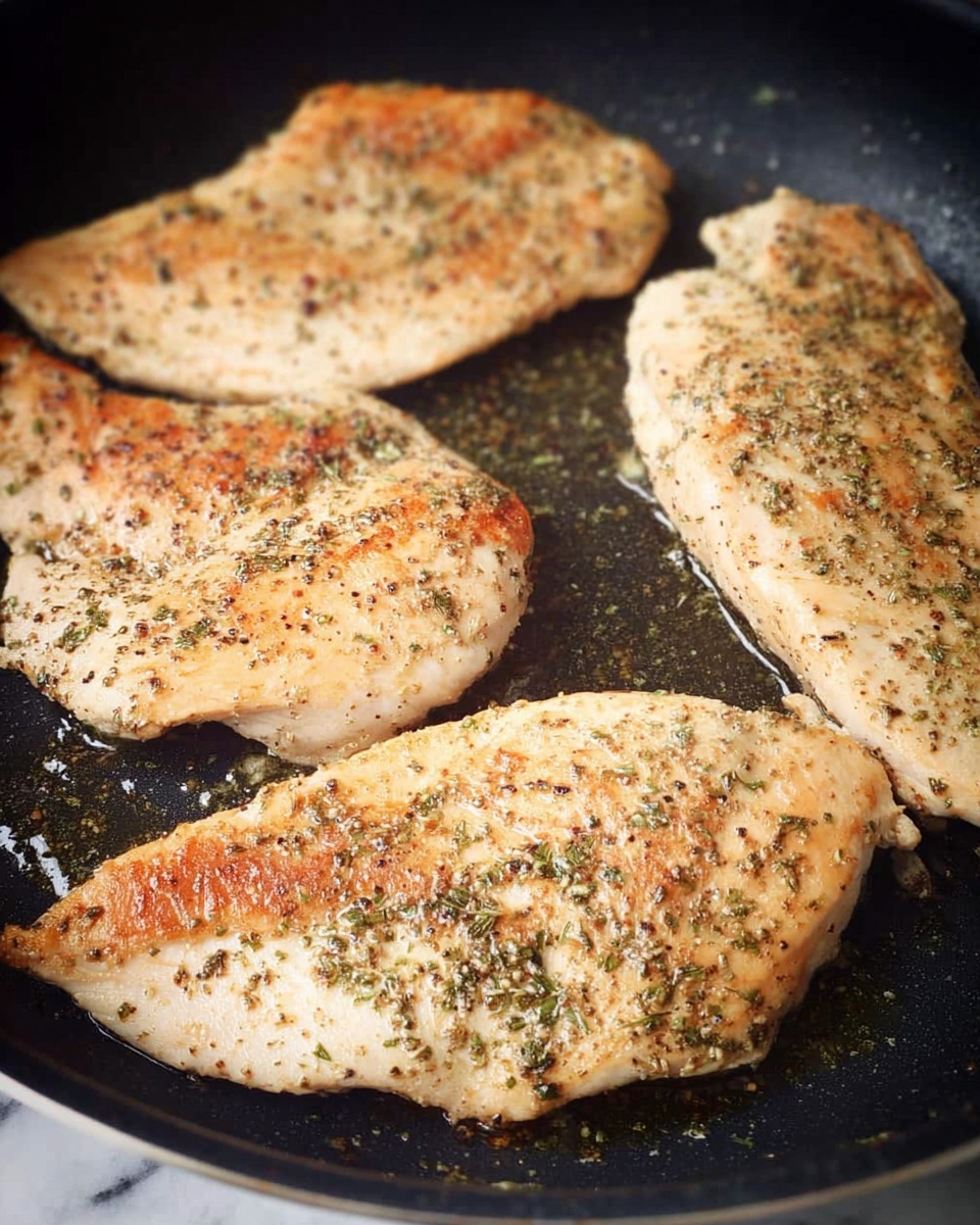 Four pieces of cooked chicken with a light brown color and a sprinkle of greenish black seasoning sit in a black pan. The chicken pieces show small brown seared spots and have a slightly rough texture on their surface. The pan has a few oil droplets and scattered bits of seasoning around the chicken. The background is a white marbled texture. Photo taken with an iphone --ar 4:5 --v 7