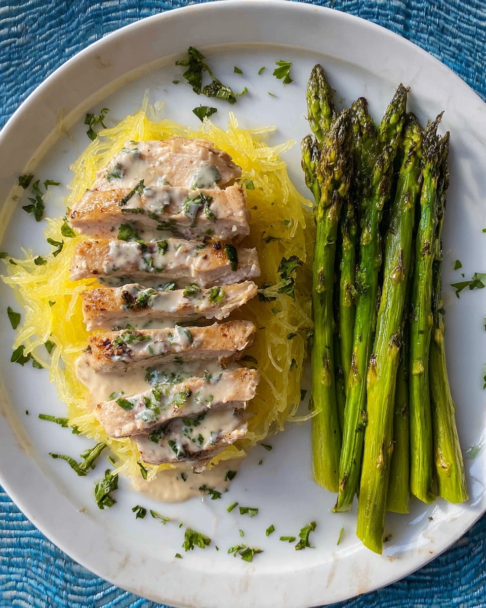 A white plate holds a simple meal with three main parts: on the left, a base of yellow spaghetti squash strands, topped with sliced light beige chicken covered in a creamy white sauce sprinkled with small green herbs, arranged side by side; on the right, a neat bundle of bright green roasted asparagus spears with slight char marks; the plate rests on a white marbled surface with scattered bits of herbs around the edges. photo taken with an iphone --ar 4:5 --v 7