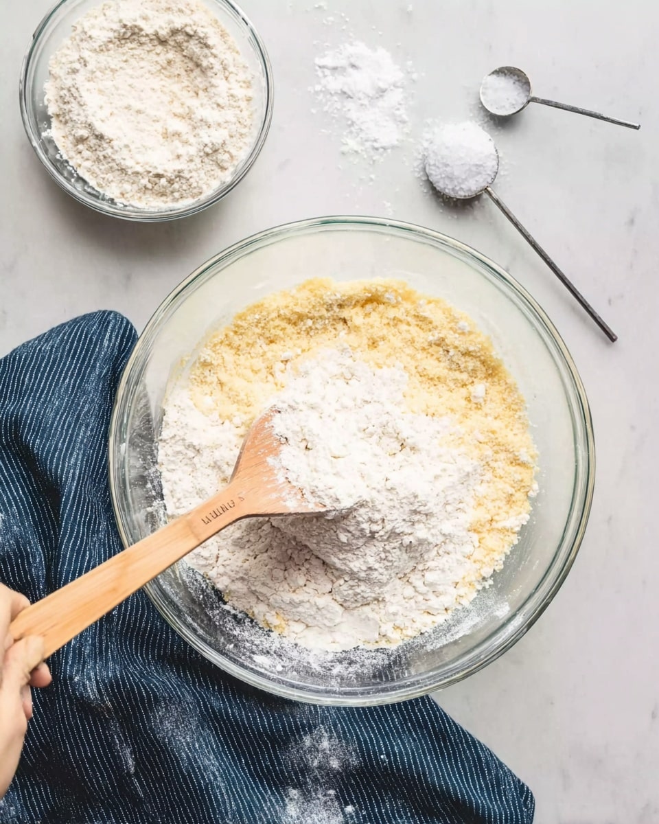 The image shows a clear glass mixing bowl with two layers inside: a yellowish crumbly base layer and a white powdery layer of flour on top, being mixed with a wooden spatula. Above the bowl is a smaller glass bowl with flour, and two measuring spoons with white powder and salt on a white marbled surface. A dark blue and white striped cloth is partially under the bowl, and a woman's hand is holding the spatula. Photo taken with an iphone --ar 4:5 --v 7