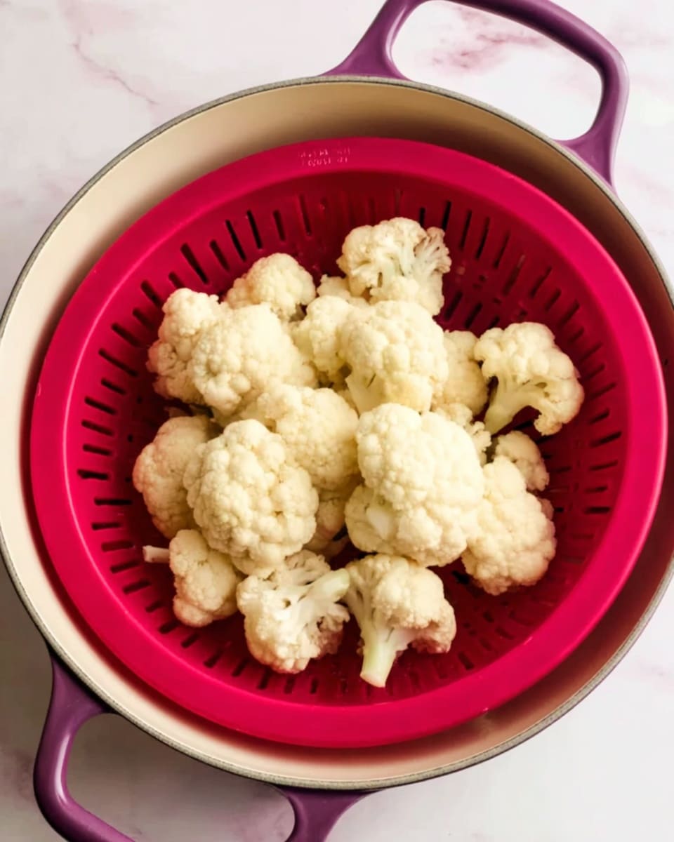 The image shows a white pot with purple handles holding a white marbled surface, inside which sits a round red silicone steamer basket with small holes all over. On top of the red steamer basket, there are several pieces of light cream-colored cauliflower florets, layered loosely and filling the steamer. The cauliflower has a rough bumpy texture with some visible stems. photo taken with an iphone --ar 4:5 --v 7