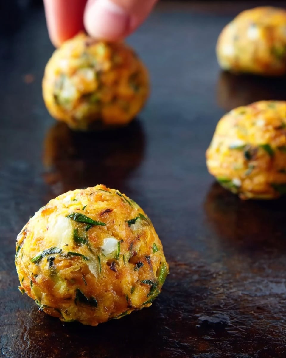 The image shows three small round baked balls on a dark cooked surface, with one ball in close-up in the foreground. Each ball is golden orange with green and white bits mixed inside, giving a textured look with small pieces of herbs or vegetables. The balls look slightly crispy outside, sitting directly on the dark cooked surface, and the background shows a smooth white marbled texture. A woman's hand is about to touch one of the balls in the middle distance. photo taken with an iphone --ar 4:5 --v 7