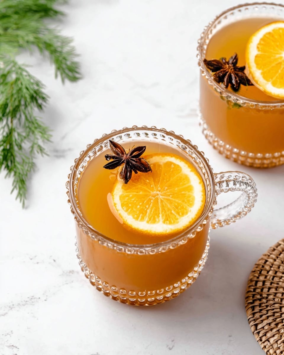 Two clear glass mugs filled with warm amber-colored liquid sit on a white marbled surface. Each mug contains a half slice of bright orange lemon submerged in the liquid, along with a dark brown star anise floating on top. The mugs have a textured dot pattern around the rim and glass handles. A green sprig, likely dill, is placed near the top right of the frame, and a round woven coaster peeks in from the bottom right. The overall setting looks clean and fresh, with natural light softly highlighting the warm drink. Photo taken with an iphone --ar 4:5 --v 7
