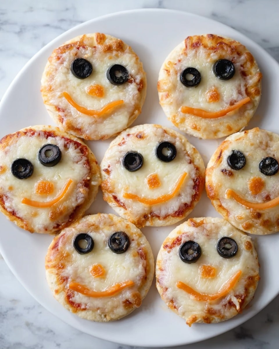 The image shows six small round mini pizzas arranged on a white plate. Each pizza has one layer of golden-brown crust, covered with melted, light golden cheese. On top, black olive slices form two big round eyes and a row of small pieces for a smiling mouth. Thin orange strips are placed in the middle as a nose. The plate is on a white marbled surface. Photo taken with an iphone --ar 4:5 --v 7
