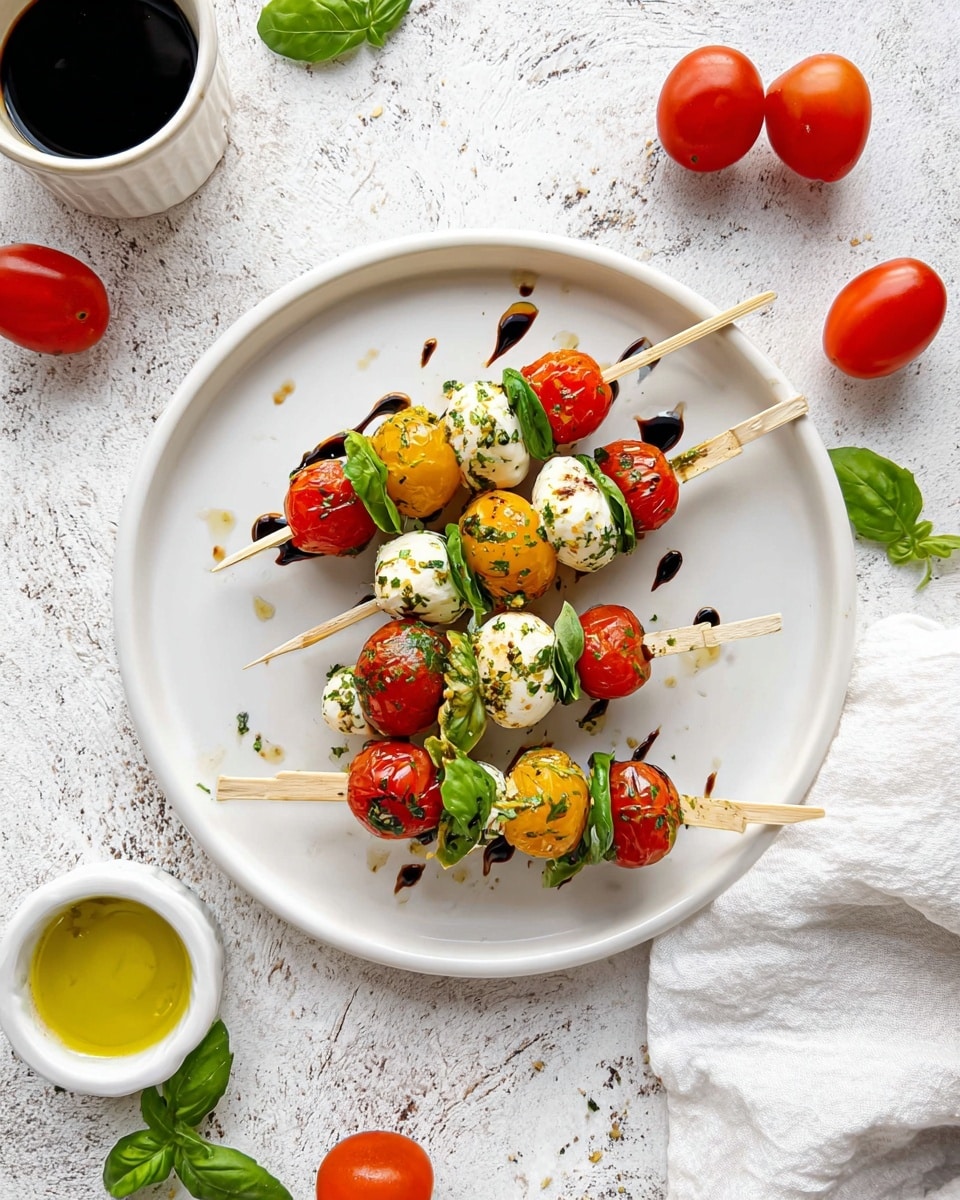 The image shows five wooden skewers arranged in a white round plate on a white marbled surface. Each skewer has four layers: a red cherry tomato on top, a small green basil leaf below, a round white mozzarella ball next, followed by a yellow cherry tomato, and another mozzarella ball briefly visible before the skewer ends. The mozzarella is sprinkled with herbs, and the plate is drizzled with dark balsamic glaze and some olive oil. Around the plate, there are some basil leaves, whole red tomatoes, a small white bowl with olive oil and mozzarella, and another small white bowl filled with balsamic sauce. A white cloth is placed to one side of the plate. Photo taken with an iphone --ar 4:5 --v 7