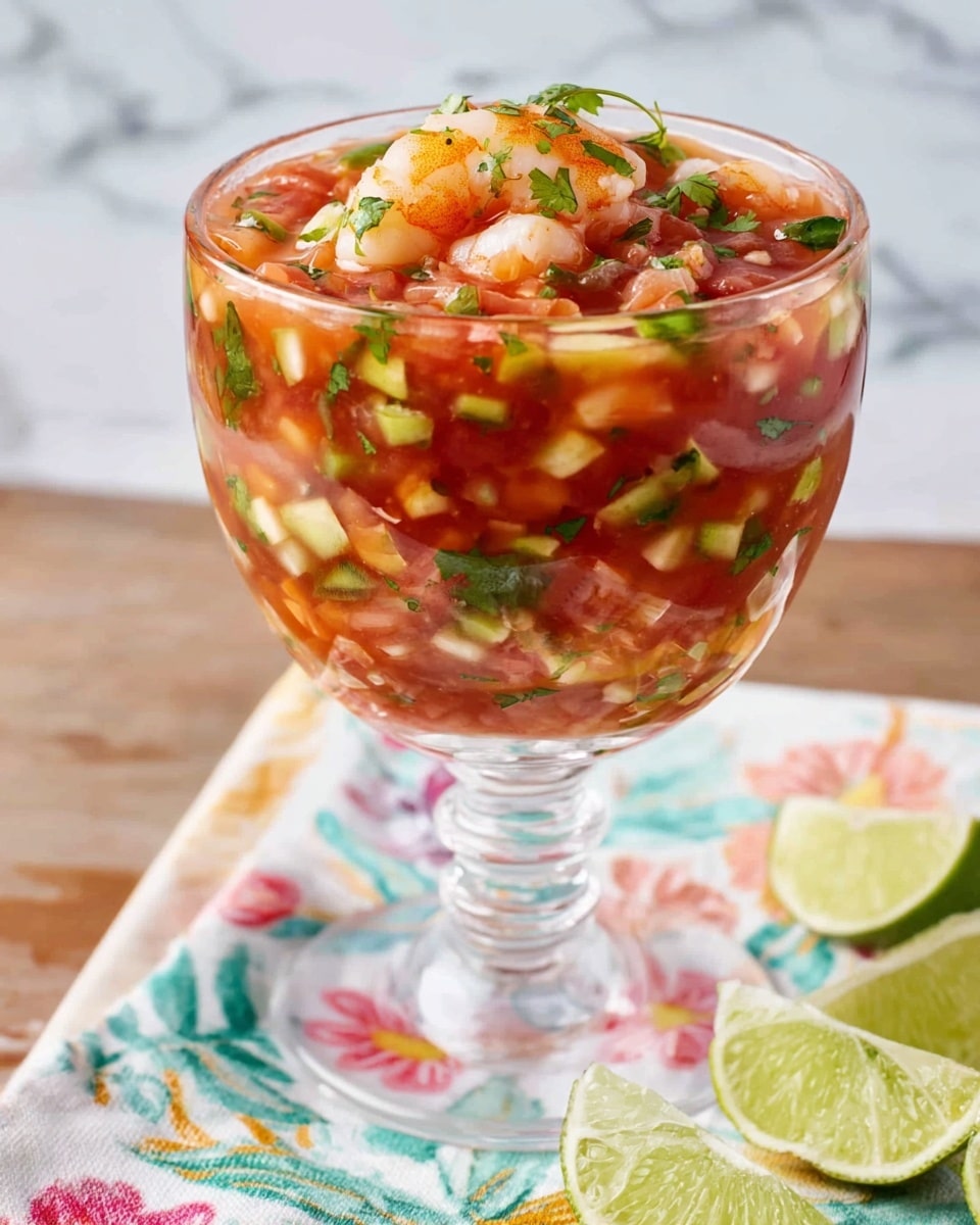 The image shows a clear glass goblet filled with a colorful shrimp cocktail. The shrimp and small chopped pieces of tomato, cucumber, and cilantro mix in a bright red, chunky sauce that nearly fills the glass, with some green herbs on top as garnish. The goblet sits on a white cloth with a colorful floral design and nearby lime wedges. All is set on a wooden surface with a white marbled background. Photo taken with an iphone --ar 4:5 --v 7