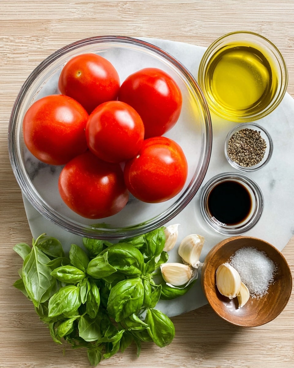 The image shows a clear glass bowl filled with seven bright red, smooth tomatoes placed on a white marbled surface. Next to the bowl, there is a bunch of fresh green basil leaves. On the right side, there are small glass and wooden bowls holding yellow olive oil, black balsamic vinegar, black pepper, and white salt. Four garlic cloves, some peeled and whole, rest near these bowls. The texture of the tomatoes is shiny and firm, while the basil leaves have a vibrant and leafy look. Everything is arranged neatly on the white marbled surface, giving a clean and fresh presentation photo taken with an iphone --ar 4:5 --v 7
