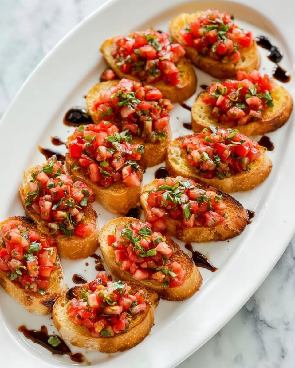 A white oval plate holds thirteen pieces of toasted bread topped with a colorful mix of chopped red tomatoes, green basil, and small bits of garlic, evenly spread over each slice. The toasted bread is golden brown and crispy, forming the base layer, with the fresh tomato mixture creating a bright red and green second layer. A dark balsamic glaze is drizzled artistically over the top, adding a glossy texture and deep contrast to the dish. The plate rests on a white marbled surface, enhancing the fresh and clean look of the appetizer. photo taken with an iphone --ar 4:5 --v 7