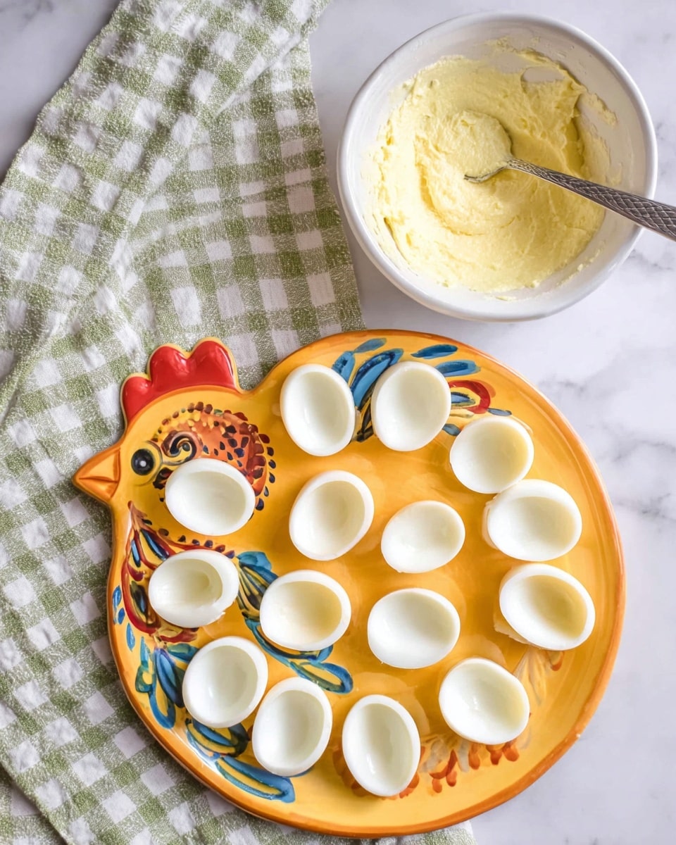 The image shows twelve empty white egg halves neatly arranged on a colorful chicken-shaped plate, with the plate featuring bright yellow, orange, red, blue, and black details that resemble feathers and the chicken's head. Above the plate, there is a white bowl filled with a pale yellow creamy mixture with a spoon resting inside it. Both the plate and bowl are placed on a white marbled surface with a green and white checkered cloth underneath them. The scene looks bright and clean, with soft natural light highlighting the textures and colors. photo taken with an iphone --ar 4:5 --v 7