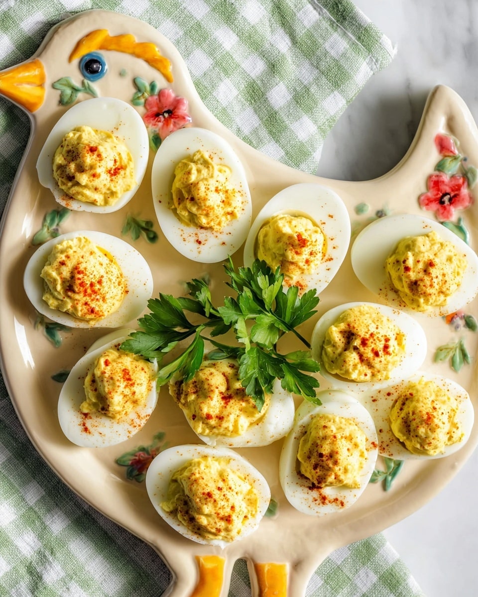 A white ceramic plate shaped like a colorful chicken holds eleven deviled eggs arranged neatly in rows. Each deviled egg is cut in half showing smooth white egg whites filled with a creamy yellow yolk mixture, sprinkled lightly with red paprika on top. Two sprigs of fresh green parsley are placed in the center of the plate for decoration. The plate rests on a soft white marbled surface, with a light green checkered cloth partially visible in the background. The photo is taken with an iphone --ar 4:5 --v 7