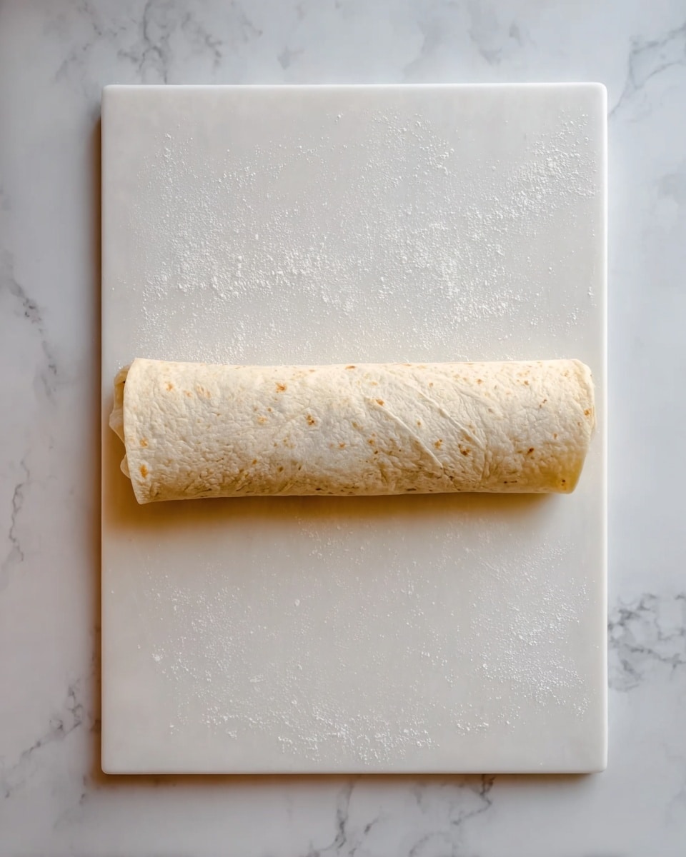 A single rolled tortilla with a light beige color and soft texture lies horizontally in the center of a white cutting board, which rests on a white marbled surface. The tortilla appears smooth with subtle folds and a slight powdery dusting on top, showing no visible filling or layers inside. The image has a clean and simple look. photo taken with an iphone --ar 4:5 --v 7