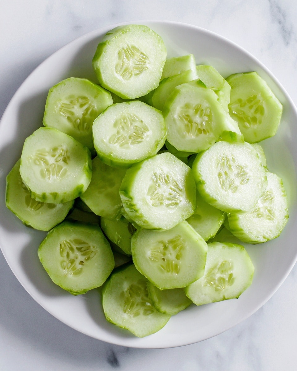 The image shows a white plate full of peeled cucumber slices. There are about two layers of cucumber slices, each slice is light green with a moist surface and visible seeds inside. The slices are arranged loosely, with some standing upright showing their round edges, and others lying flat showing the inner part. The plate rests on a surface with white marbled texture. photo taken with an iphone --ar 4:5 --v 7
