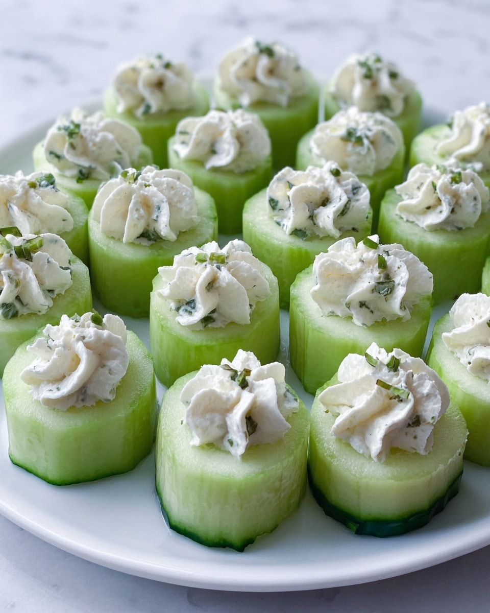 The image shows a white plate on a white marbled surface filled with round cucumber slices, each topped with a swirl of white cream cheese mixed with small green herb pieces. The cucumber slices are thick and light green with a slightly textured outer edge, and the cheese dollops on top are piped in a decorative, wavy pattern, giving each piece a neat, layered look. The plate is arranged in rows with many cucumber pieces closely placed together, creating a fresh and colorful appetizer display. photo taken with an iphone --ar 4:5 --v 7