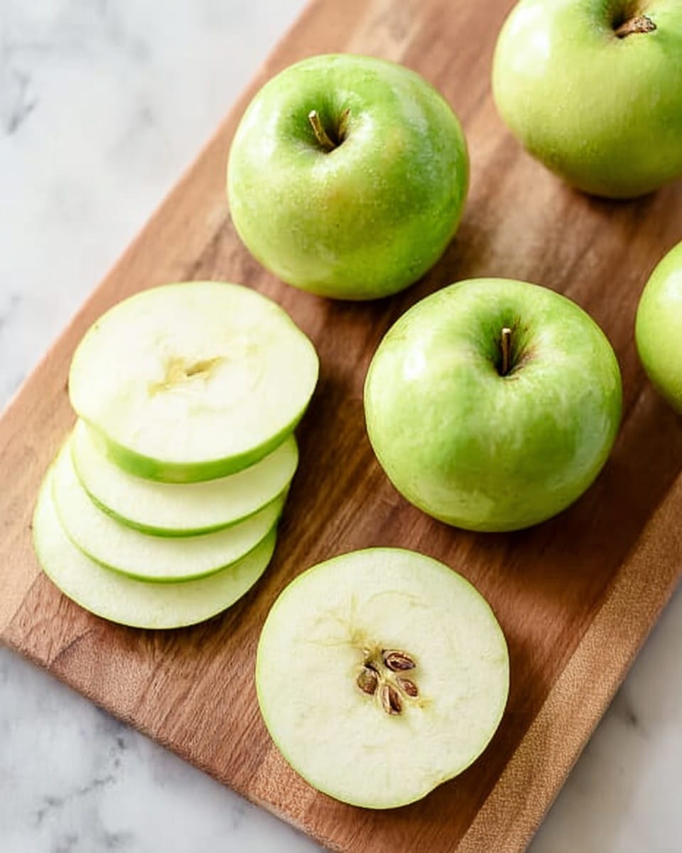 The image shows a wooden cutting board with three whole green apples placed on it. On the board, there are also four apple slices laid out in front, each with a pale green skin edge and creamy white inside. The apple slices reveal the seeds and core, with the closest slice to the viewer showing a darker center. The background surface is a white marbled texture. photo taken with an iphone --ar 4:5 --v 7