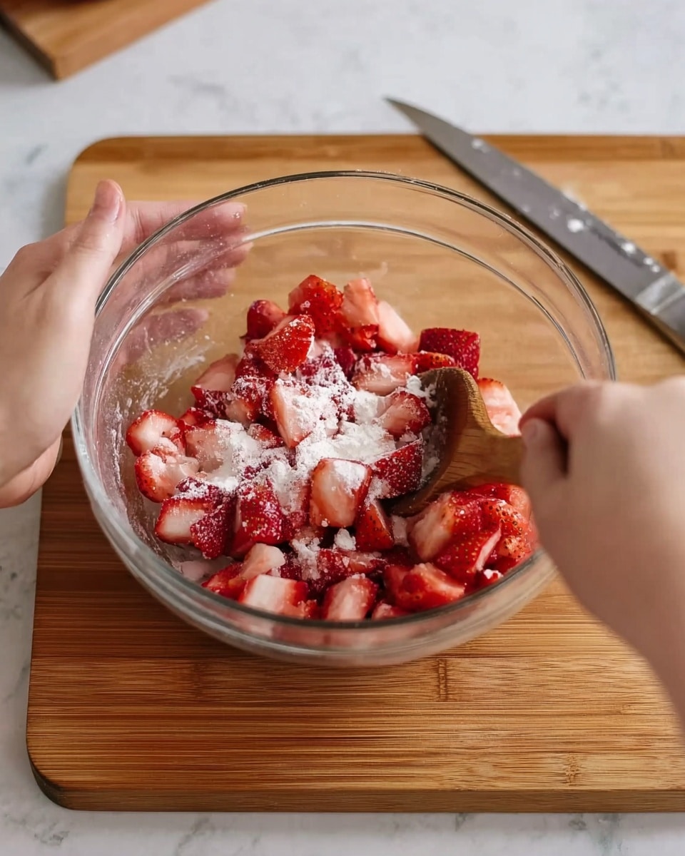 A clear glass bowl sits on a wooden cutting board placed on a white marbled surface. Inside the bowl are small pieces of bright red strawberries, mixed with a white powder sprinkled on top. One woman's hand is holding the bowl steady on the left side, while another woman's hand is mixing the strawberries with a wooden spoon on the right side. A silver knife lies at the top right corner of the cutting board. The image is bright and clear, focused closely on the bowl and the fruits inside. Photo taken with an iphone --ar 4:5 --v 7