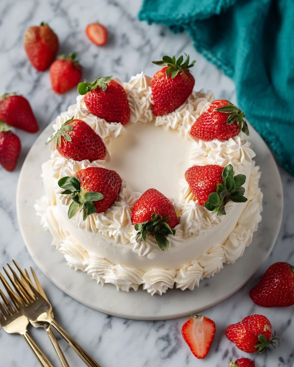 A round white-frosted cake sits on a white marble surface, topped with a ring of piped white cream swirls around the edge. Fresh whole and halved red strawberries with green leaves are placed evenly on the cream swirls, with two halved strawberries in the center. Extra strawberries are scattered around the cake on the marble, accompanied by two gold forks at the bottom left and a teal cloth in the top right. Photo taken with an iphone --ar 4:5 --v 7