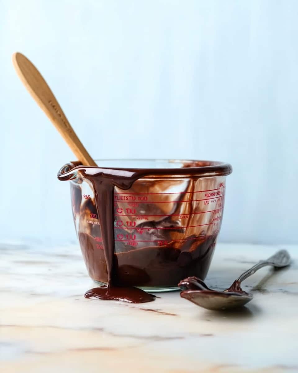 A clear Pyrex measuring cup filled with thick, dark chocolate that drips down the side, placed on a white marbled surface. A wooden spoon is dipped inside the chocolate, sticking out of the cup, while a silver spoon with some chocolate on it lies in front of the cup on the surface. The background is soft and light blue, giving a clean and simple look. Photo taken with an iphone --ar 4:5 --v 7