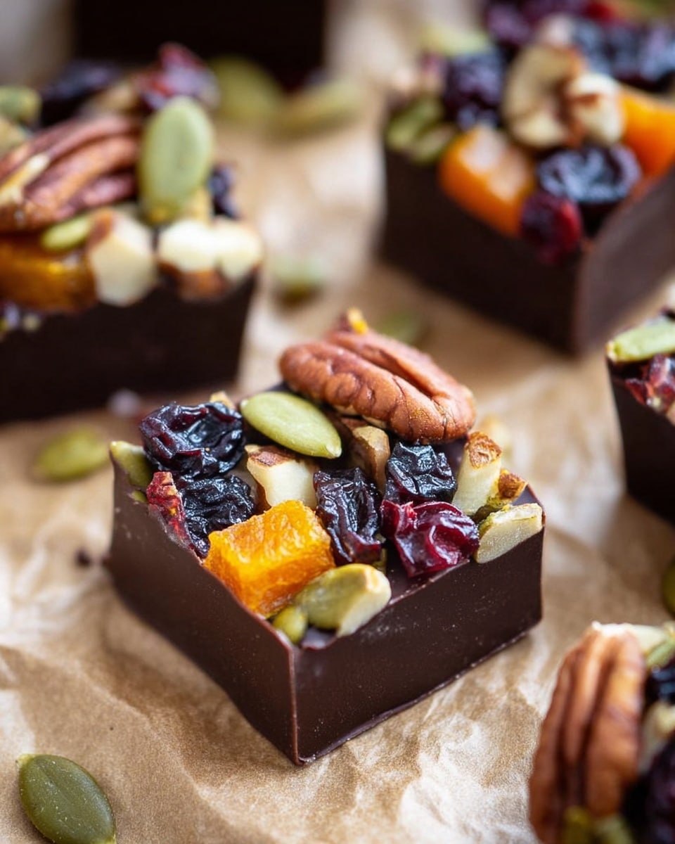 The image shows several small square pieces of dark chocolate topped with a colorful mix of nuts and dried fruits. Each piece has a thick, smooth dark brown chocolate base with a top layer crowded with green pumpkin seeds, orange dried apricots, light brown pecans, golden raisins, and dark red dried cherries. The chocolates are randomly placed on crumpled light brown parchment paper, which rests on a white marbled surface. The texture of the chocolate is glossy and firm, while the toppings add rough, irregular shapes and a bright variety of colors. Photo taken with an iphone --ar 4:5 --v 7