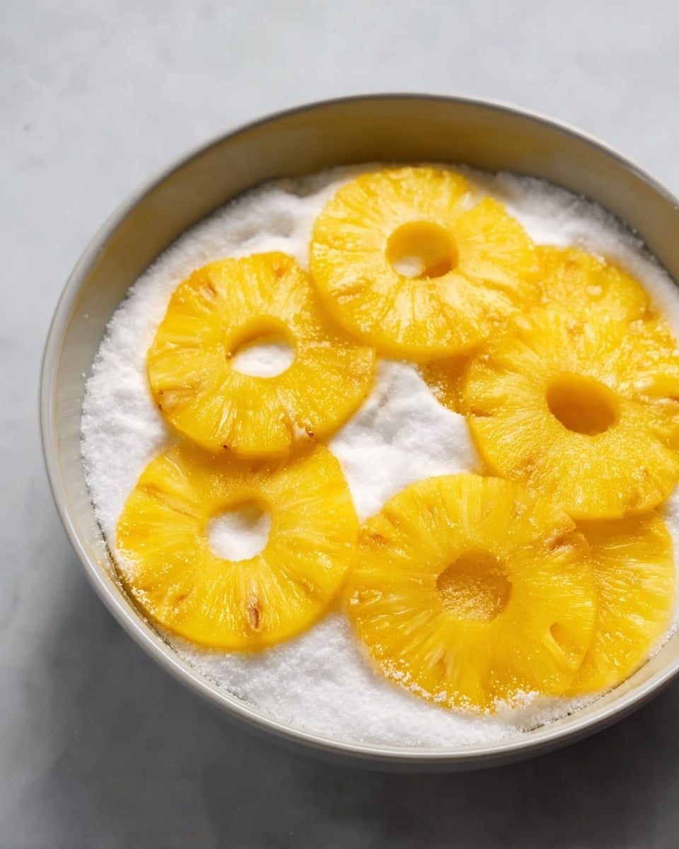 The image shows a white bowl filled with a layer of white sugar at the bottom. On top, there are six round yellow pineapple rings placed closely together, covering most of the sugar layer. The pineapples look juicy and soft, with the sugar sprinkled over some parts of them, creating a light white powder effect. The bowl is on a white marbled surface. Photo taken with an iphone --ar 4:5 --v 7