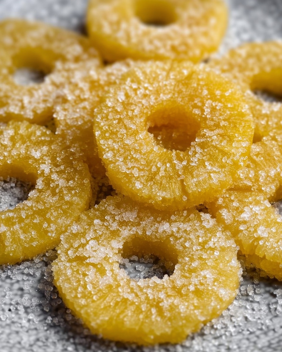 The image shows a close-up of several golden yellow pineapple rings coated with a light layer of white sugar crystals. The rings are arranged overlapping each other on a white plate with a textured pattern. The sugar adds a sparkle effect to the surface, making the rings look sweet and frosted. The white marbled texture background complements the bright yellow rings, creating a fresh and clean look. Photo taken with an iphone --ar 4:5 --v 7