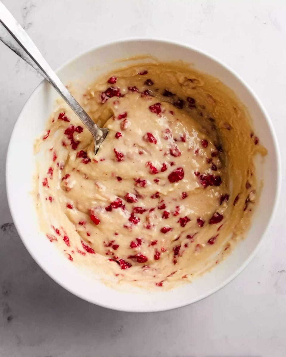 Inside a white bowl, there is a thick, light beige batter with lots of small red berry pieces mixed throughout. The batter has a smooth but slightly lumpy texture, and it looks creamy and sticky. There is a silver spoon resting inside the bowl, partly covered with the batter. The white bowl sits on a white marbled surface. photo taken with an iphone --ar 4:5 --v 7