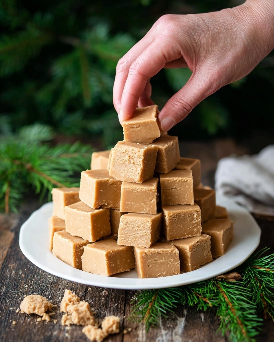 A white plate stacked with about 25 small square pieces of light brown fudge arranged in a pyramid shape; each piece has a smooth top and slightly rough, crumbly sides showing soft texture. A woman's hand is picking up one square from the top of the pyramid. The plate sits on a rustic wooden surface with some green pine branches nearby, with blurred green pine in the background. Photo taken with an iphone --ar 4:5 --v 7