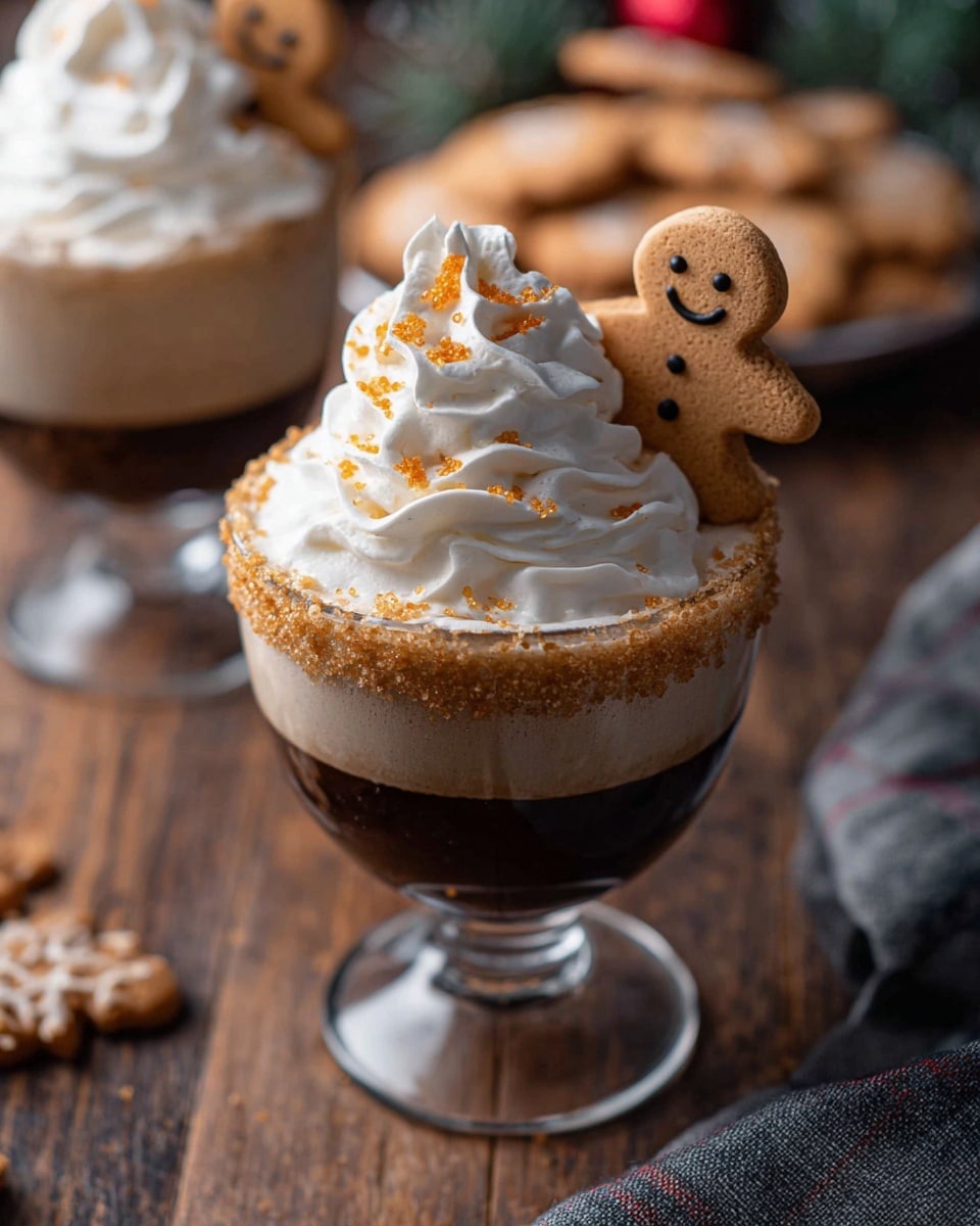 Two glasses filled with a light brown drink are topped with a thick, white whipped cream layer that is swirled and sprinkled with small, orange sugar crystals. Each glass also has a small brown gingerbread cookie shaped like a person placed on top of the whipped cream near the edge. The rims of the glasses are coated with a crumbly light brown sugar or spice mixture. The background shows a white marbled surface with some red and gold Christmas ornaments, a plate of gingerbread cookies, cloves, star anise, cinnamon sticks, and green pine branches. photo taken with an iphone --ar 4:5 --v 7
