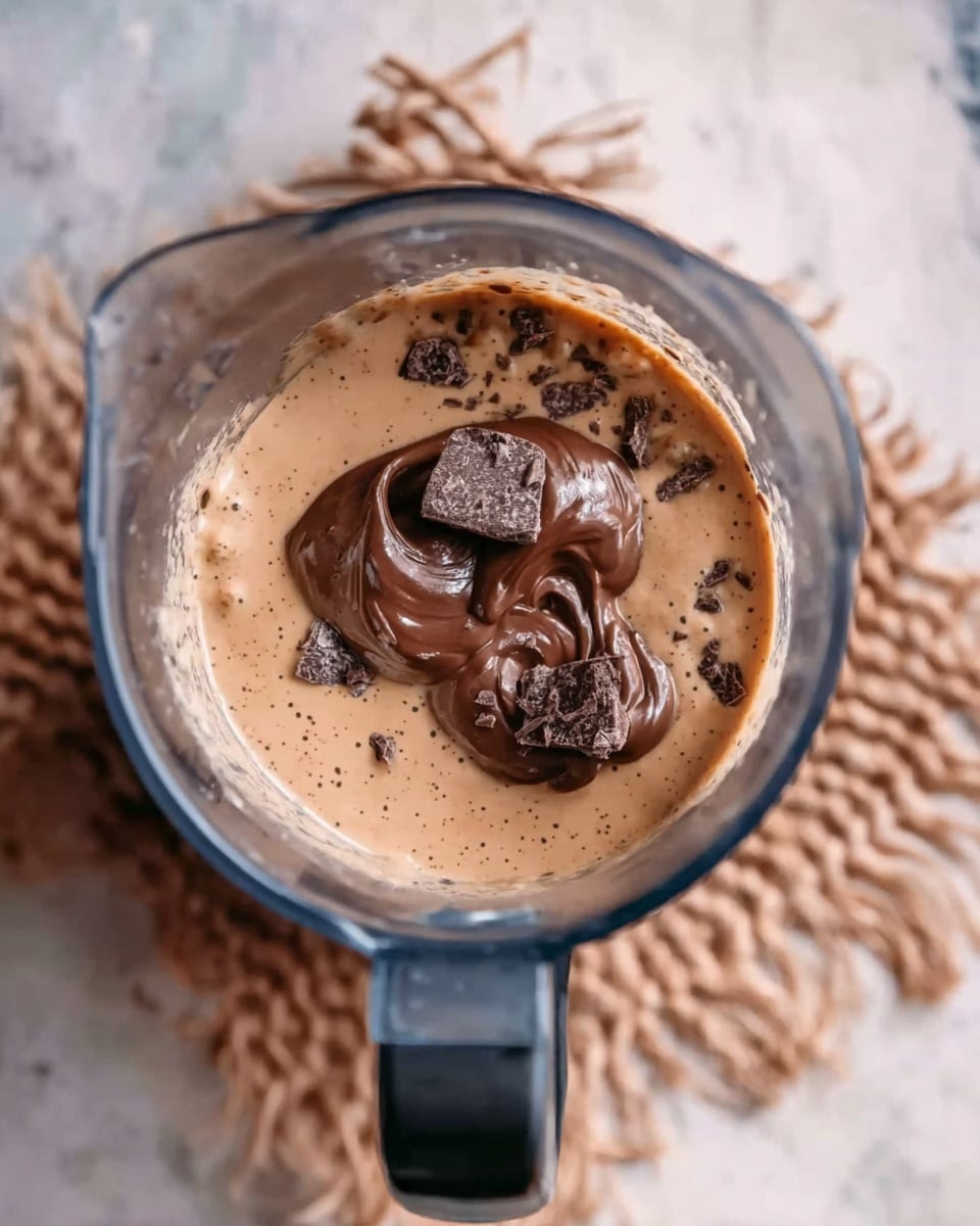 The image shows a close-up top view of a blender filled with a thick, light brown mixture that has darker chocolate pieces and two larger swirls of glossy chocolate cream sitting on top. The blender jar is plastic and clear, with a black handle, and it sits on a white marbled surface with a textured woven mat beneath it. The mixture looks creamy with small chocolate bits scattered inside. Photo taken with an iphone --ar 4:5 --v 7