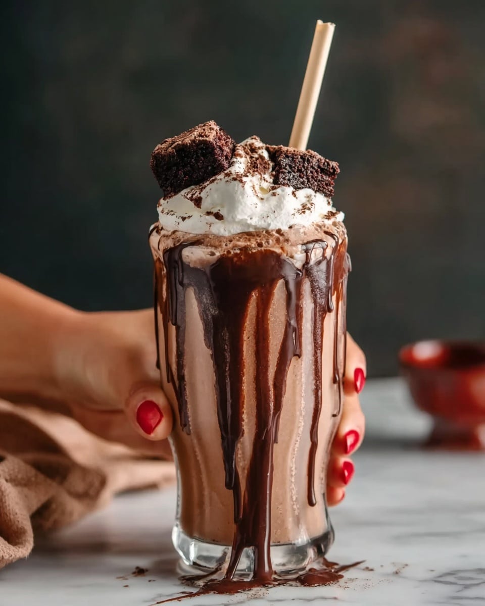 A tall clear glass holds a rich chocolate milkshake with thick dark brown chocolate syrup dripping down its inside, creating uneven streaks against the light brown drink. The top layer is a fluffy white whipped cream that spills slightly over the rim. On top of the whipped cream, there are dark brown brownie chunks with a moist, crumbly texture. A light beige straw sticks out from the whipped cream. A woman's hand with red nail polish is holding the glass from the base, and the background has a soft dark tone with a blurred red object, all placed on a white marbled surface. Photo taken with an iphone --ar 4:5 --v 7
