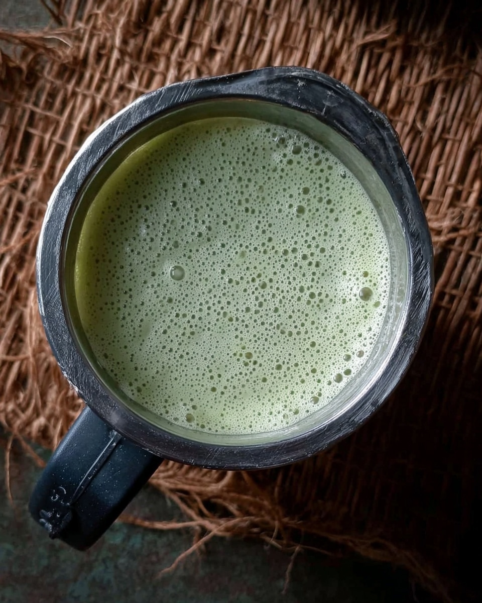The image shows a metal blender jar filled with a light green, frothy liquid, seen from above. The liquid is smooth with bubbles on the surface, and the blender jar has a dark handle. The jar is placed on top of a rough, brown woven mat and a gray dark surface beneath. photo taken with an iphone --ar 4:5 --v 7