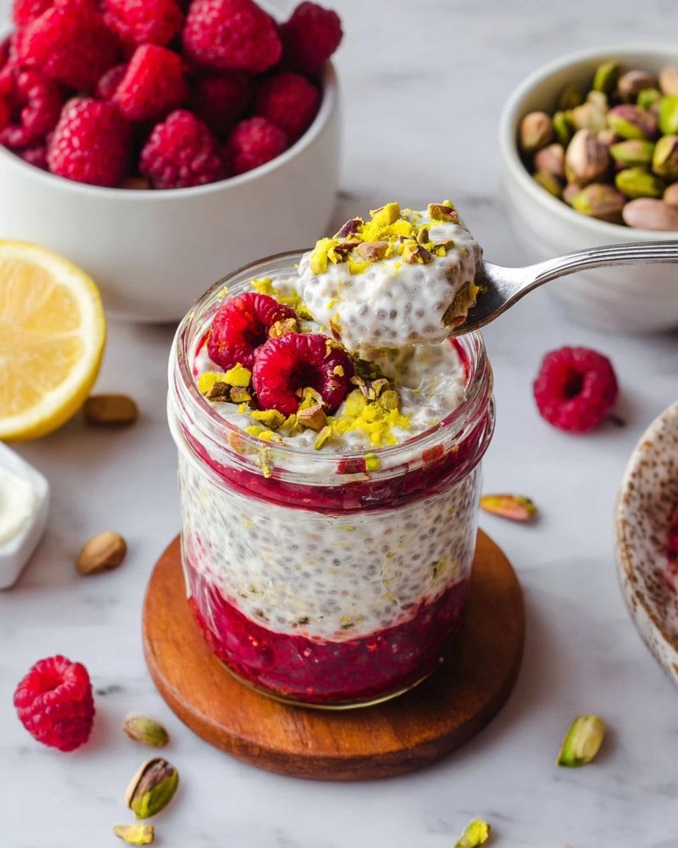 The image shows a clear glass jar with three visible layers: the bottom layer is a bright red raspberry puree, the middle layer is creamy white chia seed pudding with small black seeds, and the top layer is white chia pudding mixed with chopped green pistachios and bright red raspberries placed on top along with a few yellow zest pieces. A silver spoon is inside the jar, taking a scoop out of the pudding. The jar is sitting on a round wooden coaster on a white marbled surface. In the background, there is a white bowl filled with fresh raspberries and a white bowl with green pistachios, along with a lemon half placed nearby. Scattered pistachios and raspberries surround the jar. Photo taken with an iphone --ar 4:5 --v 7