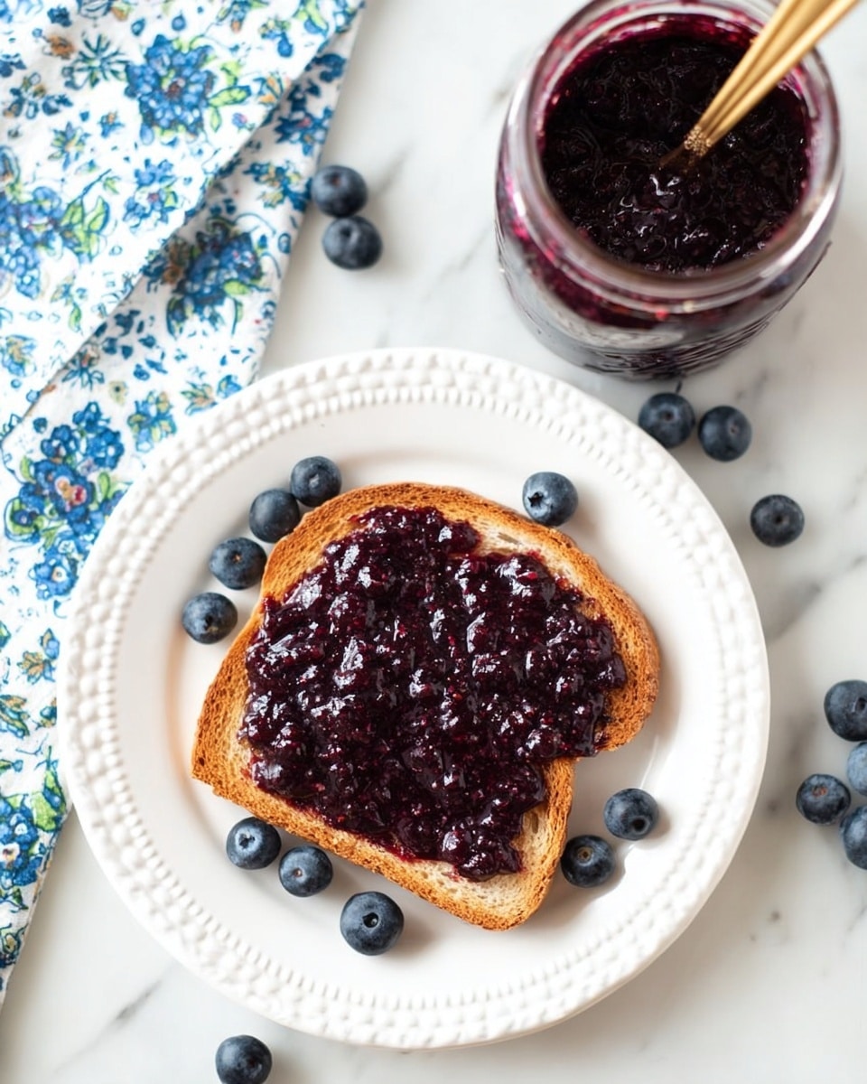 A single slice of light brown toasted bread on a white plate with a decorative edge is covered in a thick, dark purple jam that looks glossy and textured. Around the plate are scattered fresh blueberries, dark blue with a smooth surface. To the top left of the plate, a glass jar filled with the same dark purple jam is visible, with a golden spoon inside. A cloth with blue and white floral patterns is placed near the jar on a white marbled surface. photo taken with an iphone --ar 4:5 --v 7