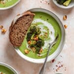 Vegan Green Broccoli, Spinach, and Pea Soup with Crispy Beans Recipe
