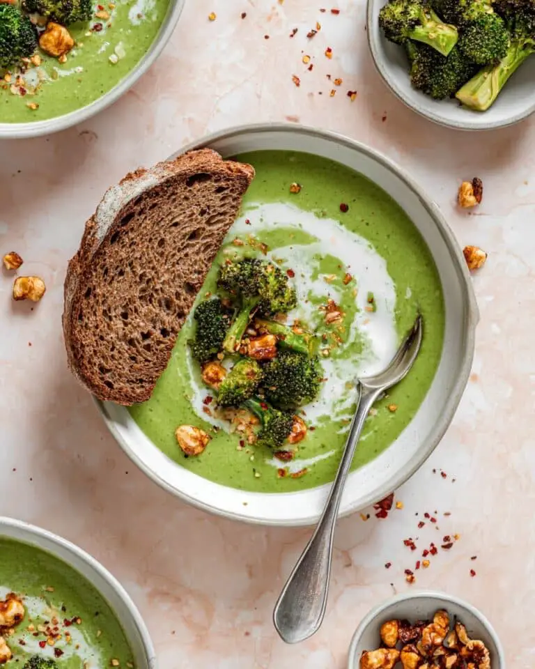 Vegan Green Broccoli, Spinach, and Pea Soup with Crispy Beans Recipe