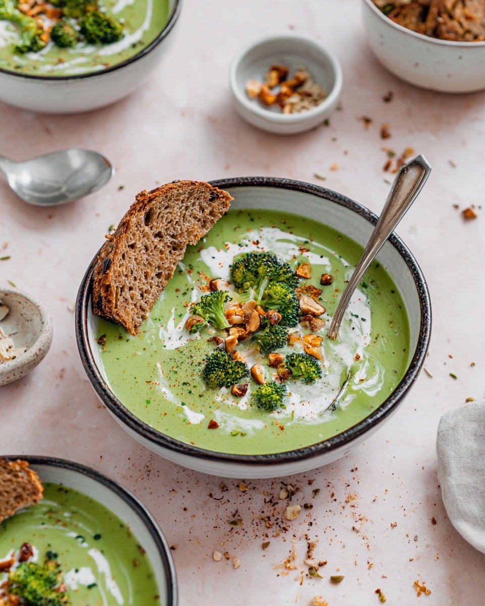 A light green creamy soup fills a white bowl with a dark rim, topped with small broccoli florets and small orange pieces that look like nuts or roasted bits, scattered on the surface. Swirls of white cream create a contrast on the green soup, and a brown slice of seeded bread partly rests on the edge of the bowl. A spoon lies inside the bowl with its handle sticking out. The scene is set on a white marbled surface with other bowls of the same soup and small white dishes of nuts and spices around, along with loose crumbs and seasoning scattered lightly. photo taken with an iphone --ar 4:5 --v 7