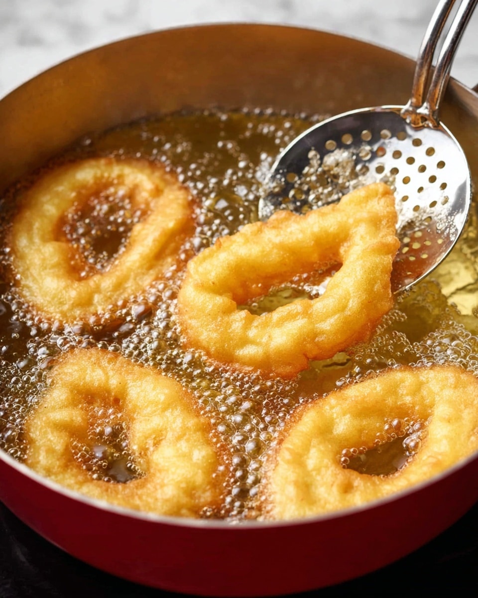 The image shows three golden-yellow funnel cakes frying in bubbling hot oil inside a red pot. Two funnel cakes are floating in the oil, shaped in irregular loops. One funnel cake is being lifted with a shiny perforated ladle revealing its crispy texture. The oil is clear with many small bubbles around the funnel cakes, showing the frying process. The background is a white marbled texture. photo taken with an iphone --ar 4:5 --v 7