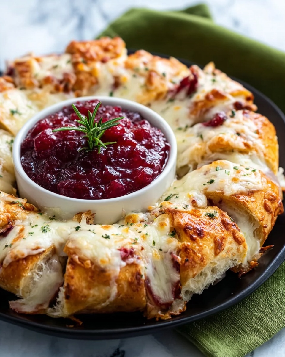 The image shows a round baked dish arranged in a ring shape on a white plate placed on a white marbled surface. The dish has eight thick, golden brown, pastry-like layers folded over melted white cheese with some bits of red sauce or jam inside, visible on top of the cheese. In the center of the ring is a small white bowl filled with bright red jam topped with a small green herb sprig. The cheese looks slightly melted and seasoned with small green herbs scattered over it. A blurred green cloth is visible in the background. Photo taken with an iphone --ar 4:5 --v 7