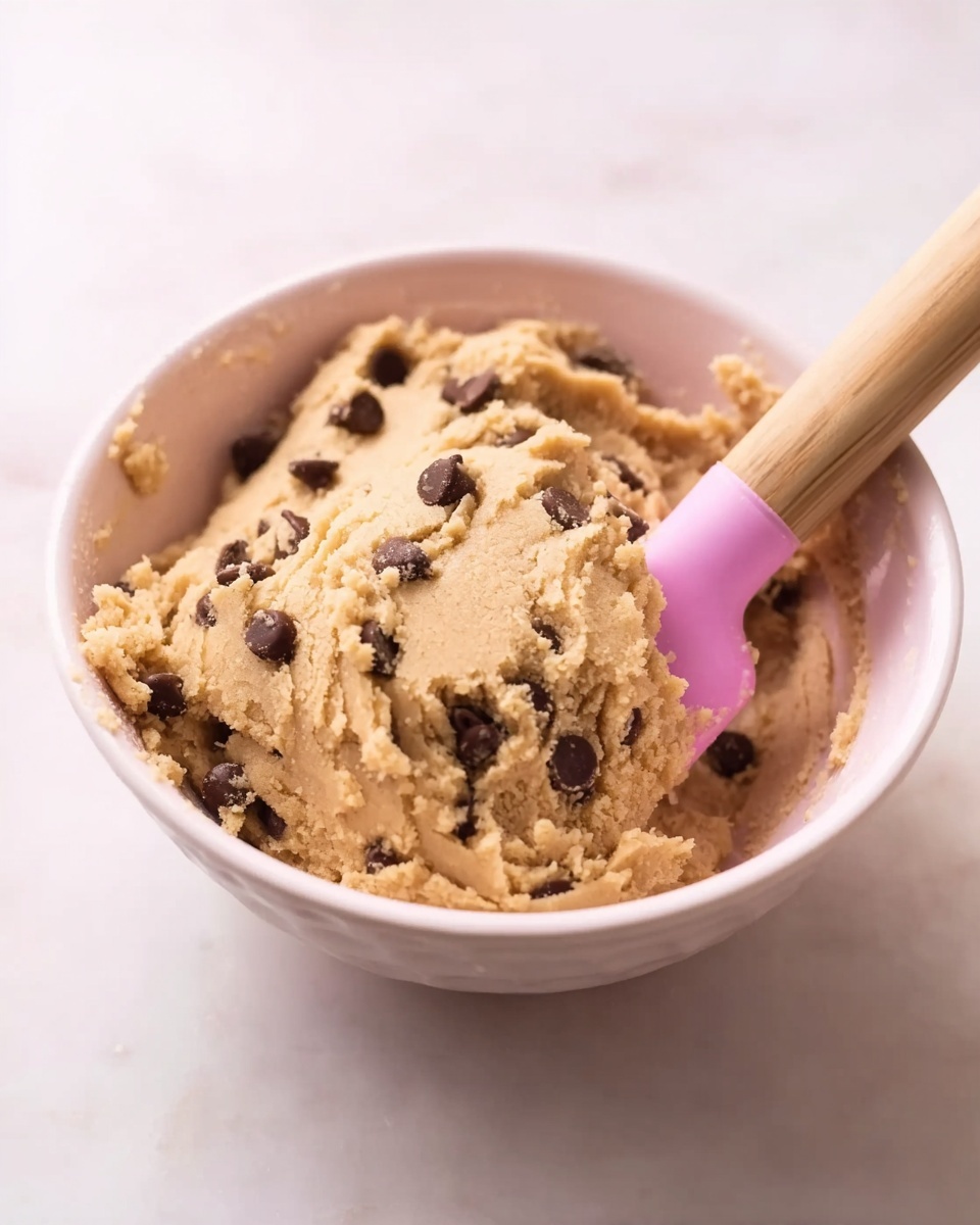A white ceramic bowl filled with a thick scoop of light brown cookie dough mixed with small dark chocolate chips spread evenly throughout. Inside the bowl, a wooden-handled spatula with a pink silicone head rests on the edge, partially covered by the dough. The bowl sits on a smooth white marbled surface. The lighting is soft and natural, highlighting the texture of the dough and the shine of the chocolate chips. photo taken with an iphone --ar 4:5 --v 7