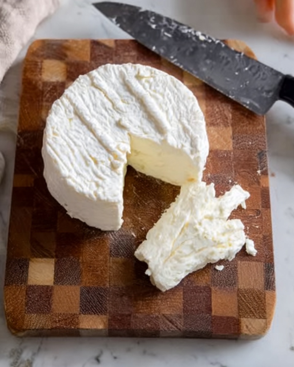 The image shows a round soft cheese on a wooden cutting board with a checkered pattern. The cheese is white with a crumbly texture, and a wedge has been sliced off and is lying next to it, showing the soft inside. A large knife with a black handle rests above the cheese on the board. The background features a white marbled surface. A woman's hand is partially visible near the cheese. Photo taken with an iphone --ar 4:5 --v 7