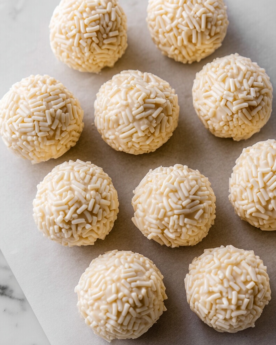 The image shows eleven round, creamy white treats that are covered in small, cylindrical white sprinkles, giving them a textured look. Each ball is smooth under the sprinkles and they are arranged closely together on a sheet of light grey parchment paper. The surface under the parchment is a white marbled texture, adding a clean and bright background to the image. The lighting highlights the soft and slightly shiny texture of the treats, showing their uniform shape and size. photo taken with an iphone --ar 4:5 --v 7