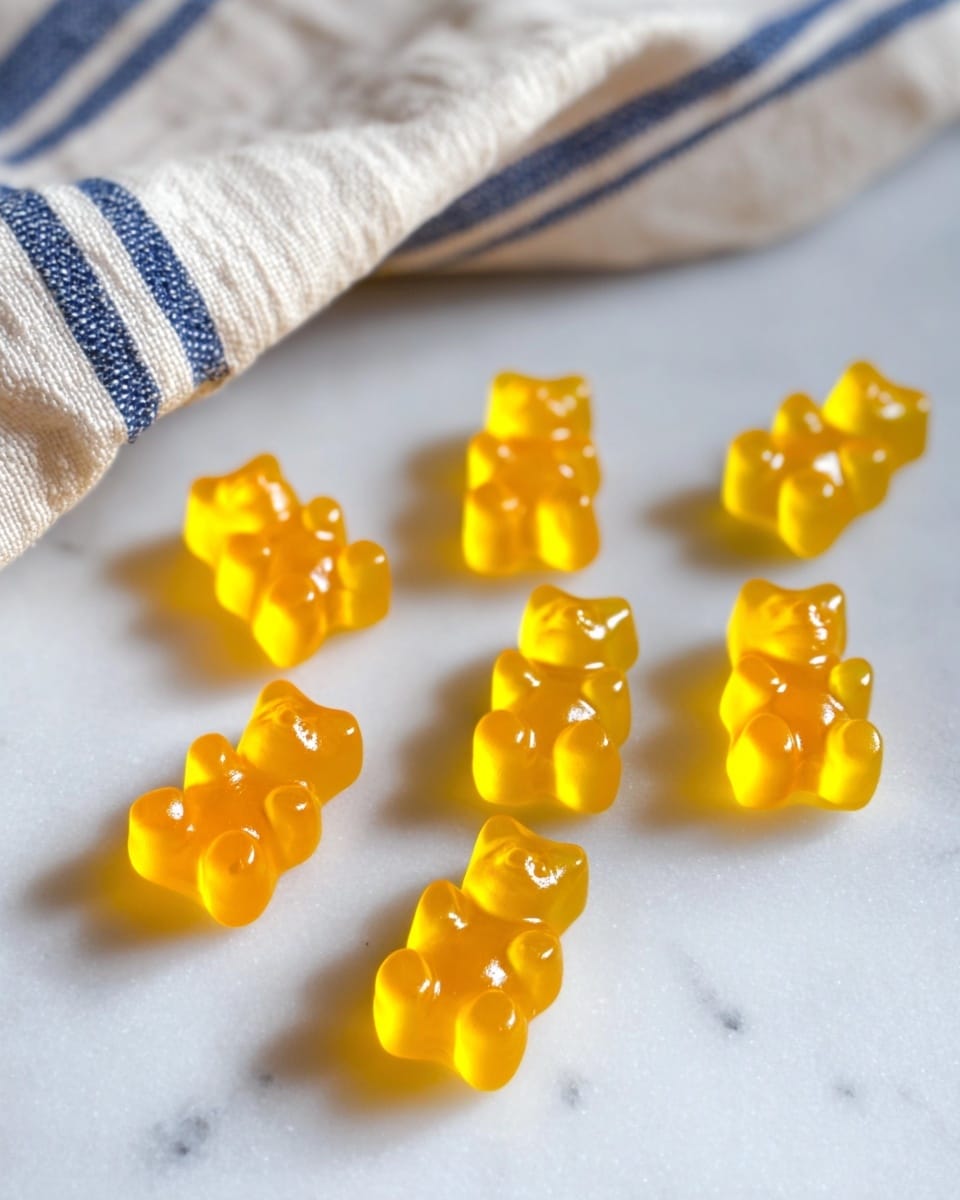 There are seven small gummy bears laid out on a white marbled surface. Each gummy bear is shiny, translucent, and bright yellow-orange in color with a smooth, slightly glossy texture. The gummy bears are spread unevenly with some closer together and others spaced apart. In the background, a soft-focus cloth with white, blue, and gray stripes is visible, resting near the edge of the surface. The image has soft natural lighting that highlights the translucent quality of the candies. photo taken with an iphone --ar 4:5 --v 7