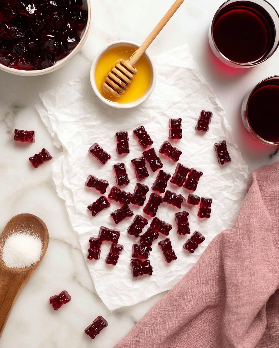 The image shows many small, dark red gummy bears scattered in a loose cluster on crumpled white parchment paper placed on a white marbled surface. At the top left, there is a white bowl filled with dark red gummy bears, while a small white bowl with golden honey and a wooden honey dipper resting inside is positioned nearby. At the bottom left, a wooden spoon holds a small amount of white powdered ingredient. On the top right side, a white plate holds some more dark red gummy bears, and next to it are two glass cups filled with a dark red liquid. A folded dusty pink cloth is placed on the lower right corner of the frame. The photo taken with an iphone --ar 4:5 --v 7