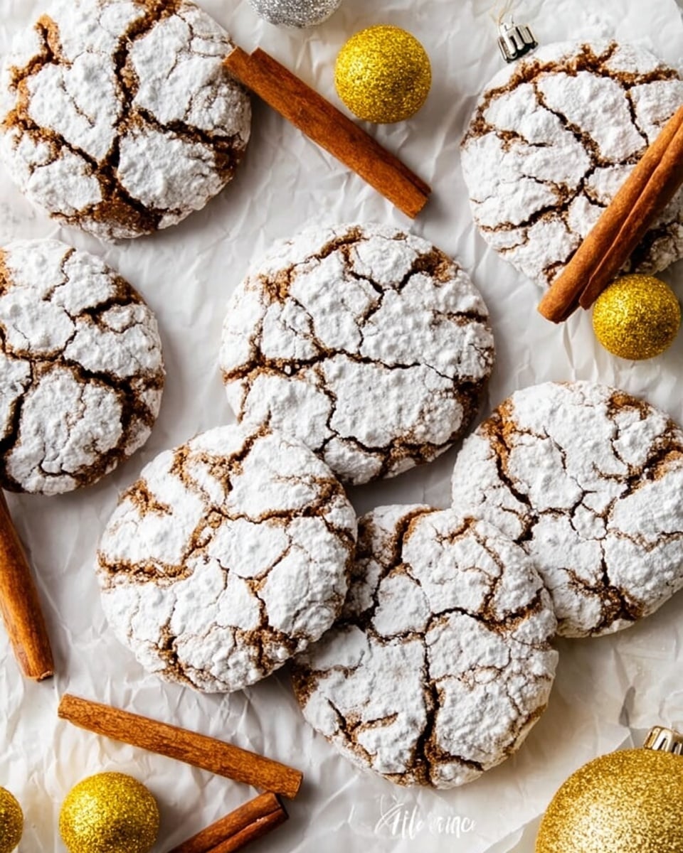 The image shows several round cookies with cracked white powdered sugar on top, revealing a soft dark brown inside. One cookie is broken in half, stacked to show the chewy texture inside with detailed dark and lighter brown layers. The cookies are placed on a white marbled surface with a cinnamon stick beside them. Small glowing warm yellow decorative lights add a cozy feel to the scene. A dark drink is seen in the background in a glass, slightly out of focus. Photo taken with an iphone --ar 4:5 --v 7