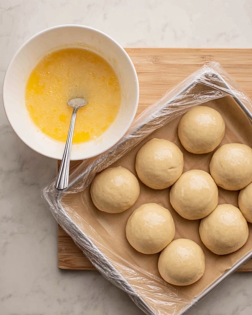 The image shows a white bowl with beaten egg mixture inside, with a fork resting in it, placed on a white marbled surface. Next to the bowl, there is a tray lined with parchment paper, holding nine smooth, round dough balls arranged in three rows of three. The tray is covered loosely with clear plastic wrap, and the dough balls are pale and soft looking, with a slight shine on their surface. The overall scene is neat and simple, focusing on the dough ready for the next step. Photo taken with an iphone --ar 4:5 --v 7